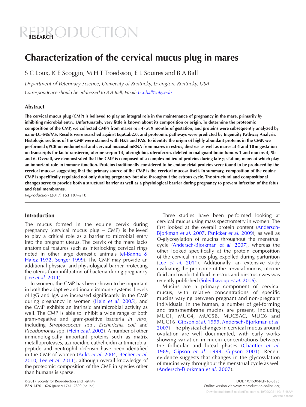 Characterization of the Cervical Mucus Plug in Mares