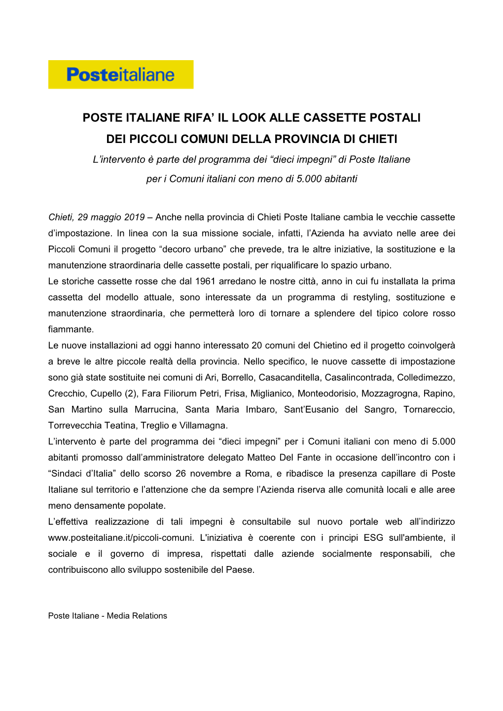 Poste Italiane Rifa' Il Look Alle Cassette Postali Dei Piccoli Comuni Della