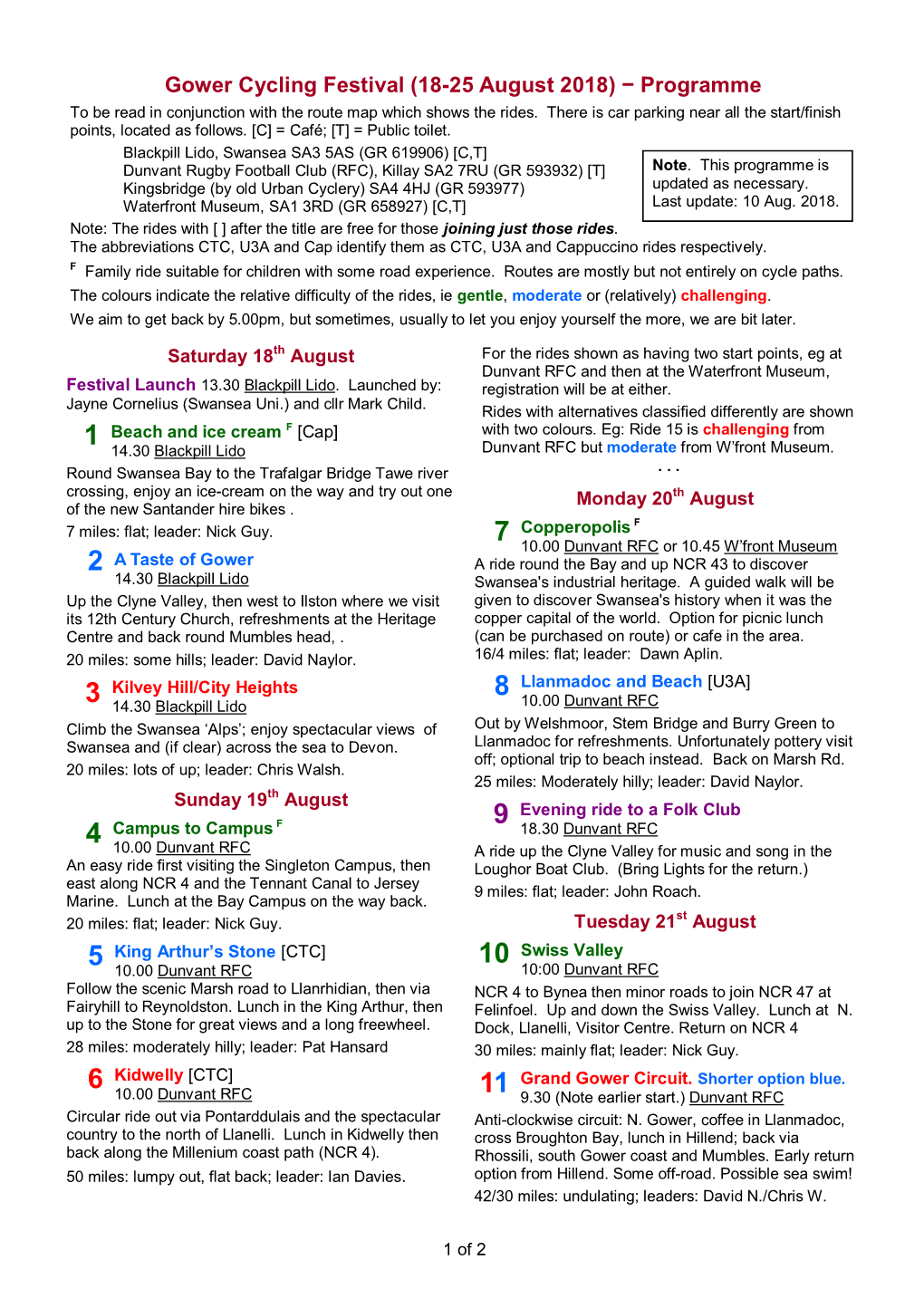 Gower Cycling Festival (18-25 August 2018) − Programme to Be Read in Conjunction with the Route Map Which Shows the Rides