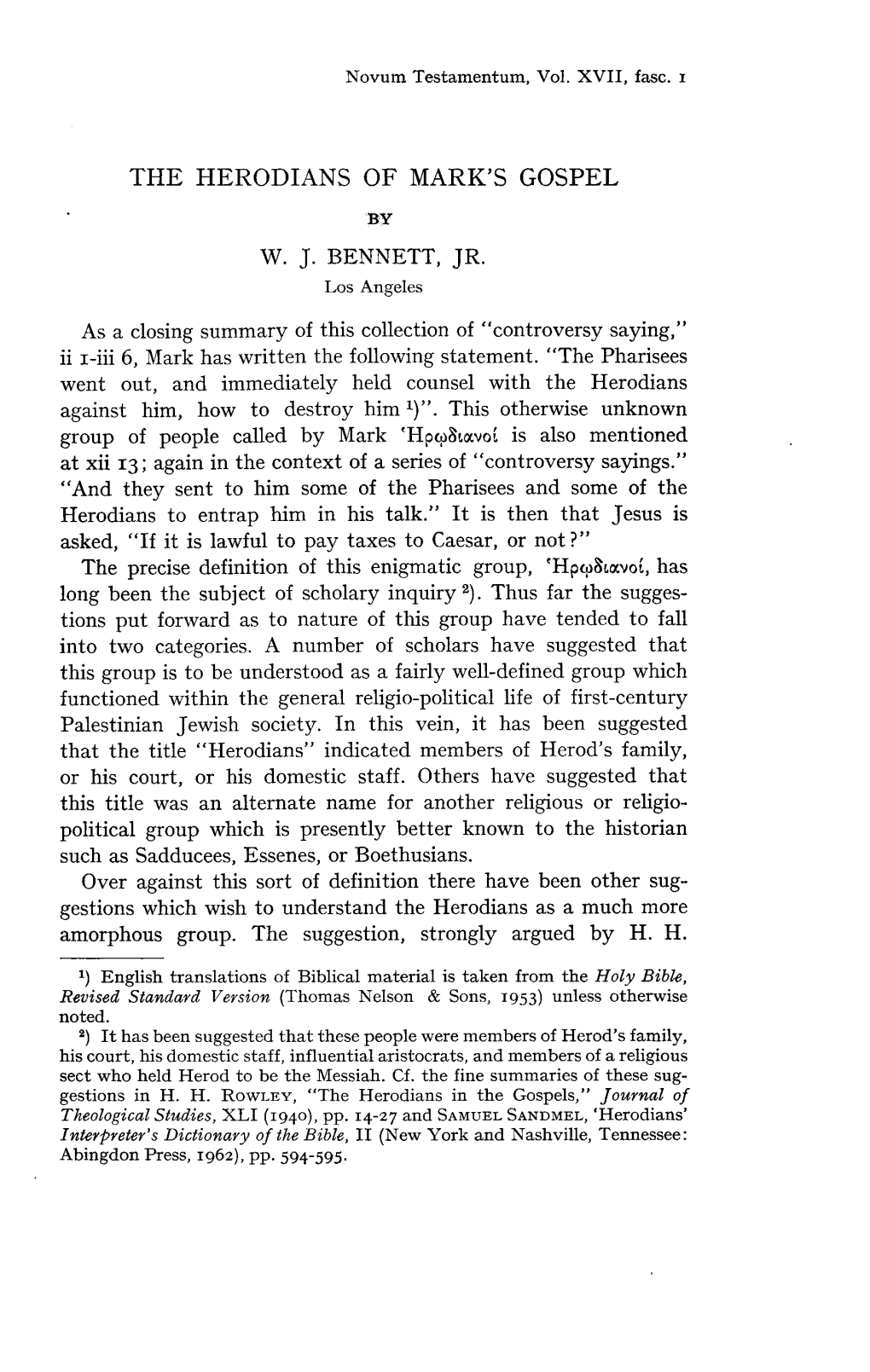 THE HERODIANS of MARK's GOSPEL by WJ BENNETT, JR. Los