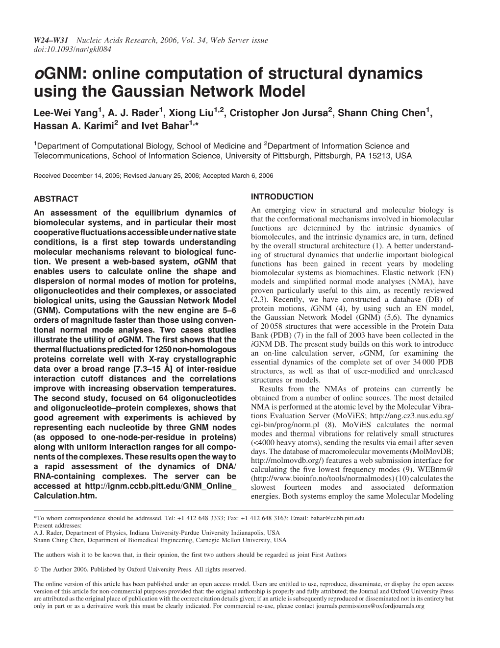 Ognm: Online Computation of Structural Dynamics Using the Gaussian Network Model Lee-Wei Yang1, A