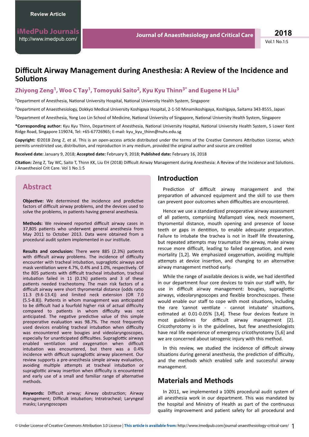 Difficult Airway Management During Anesthesia: a Review of the Incidence and Solutions Zhiyong Zeng1, Woo C Tay1, Tomoyuki Saito2, Kyu Kyu Thinn3* and Eugene H Liu3