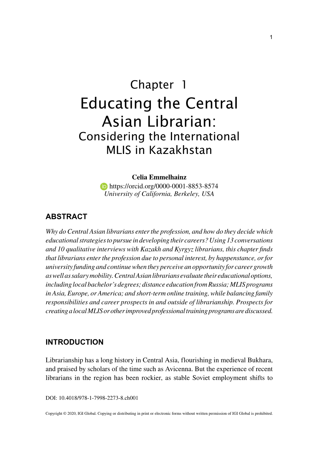 Educating the Central Asian Librarian: Considering the International MLIS in Kazakhstan
