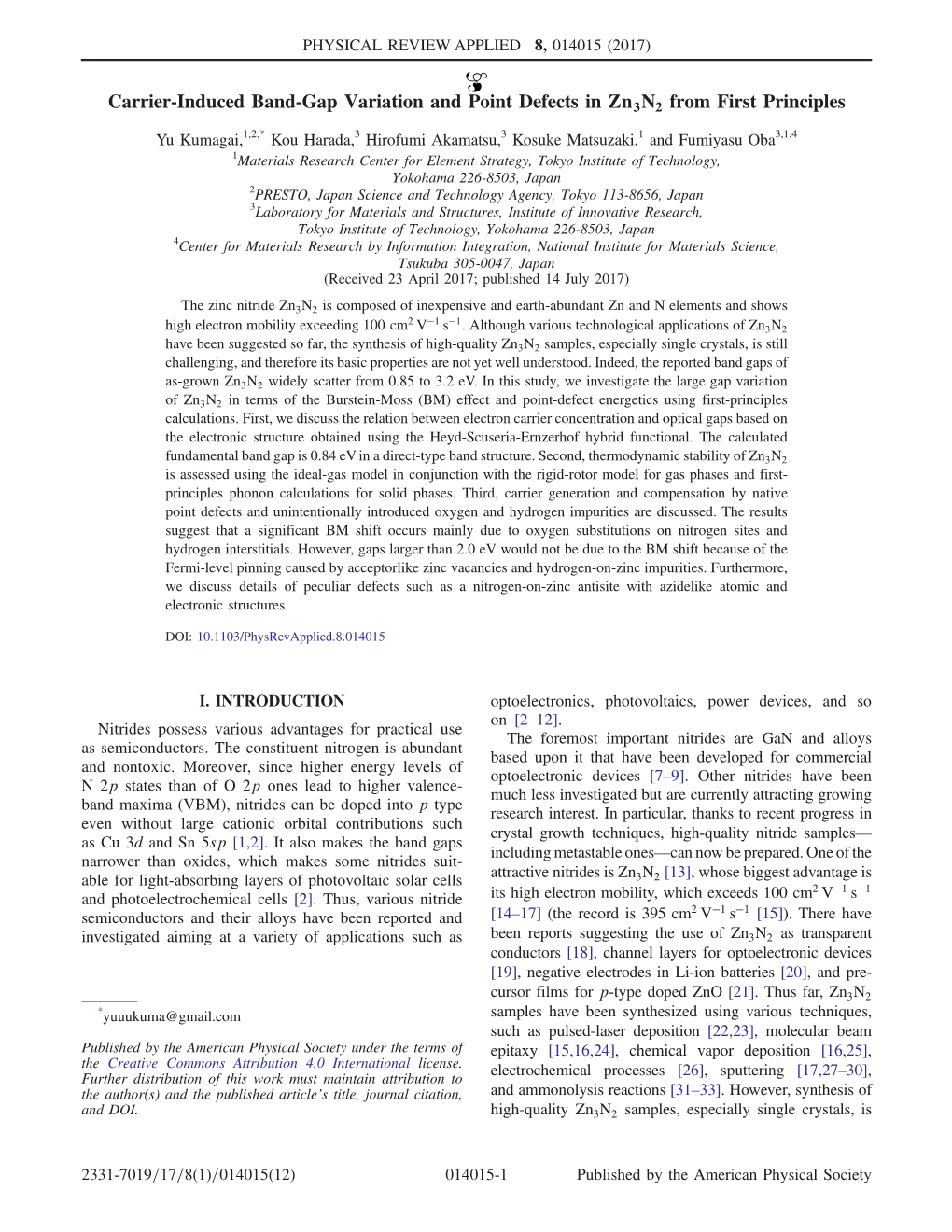 Carrier-Induced Band-Gap Variation and Point Defects in Zn3n2 from First Principles