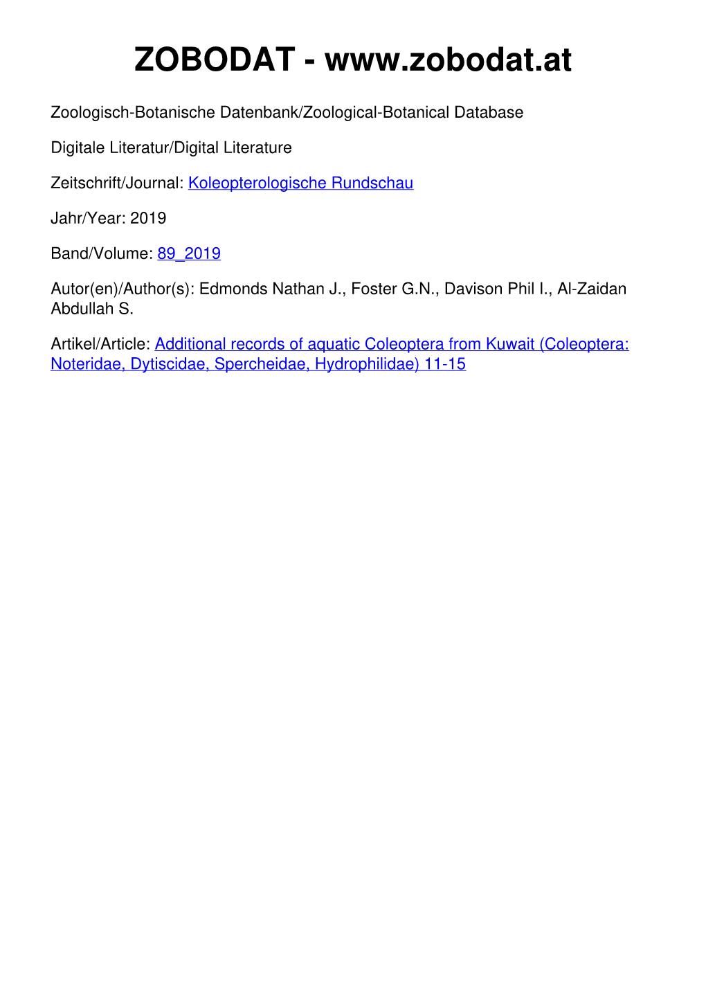 Additional Records of Aquatic Coleoptera from Kuwait (Coleoptera: Noteridae, Dytiscidae, Spercheidae, Hydrophilidae) 11-15 10 Koleopt