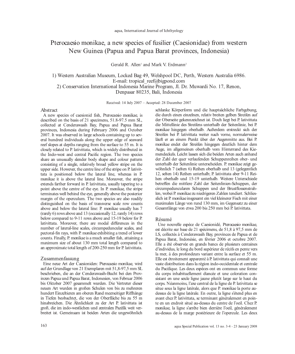 Pterocaesio Monikae, a New Species of Fusilier (Caesionidae) from Western New Guinea (Papua and Papua Barat Provinces, Indonesia)