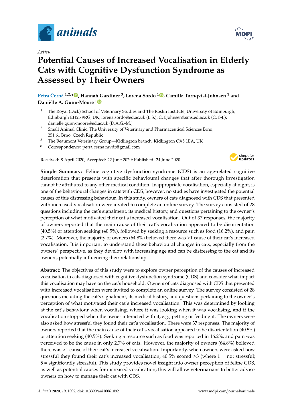 Potential Causes of Increased Vocalisation in Elderly Cats with Cognitive Dysfunction Syndrome As Assessed by Their Owners