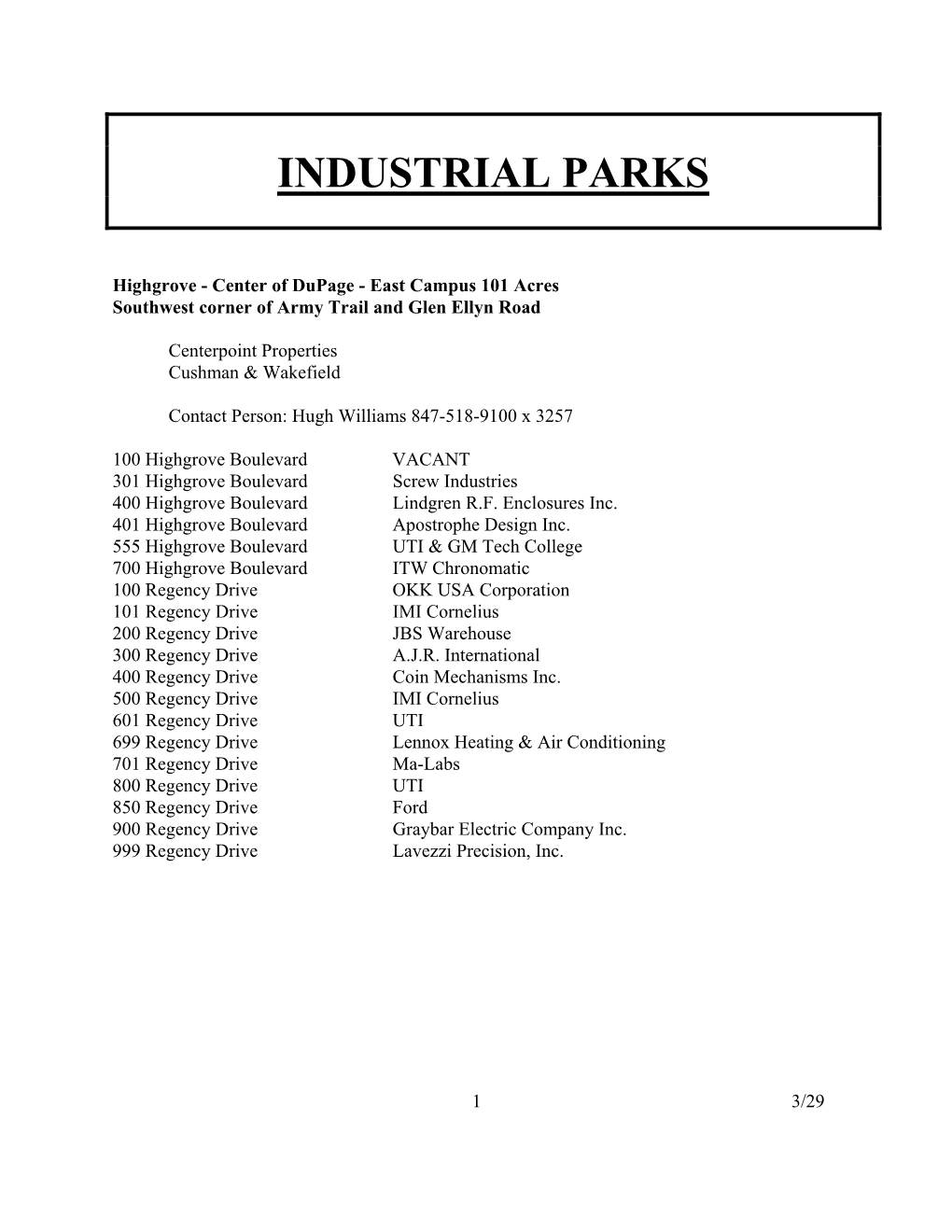 Industrial Park List