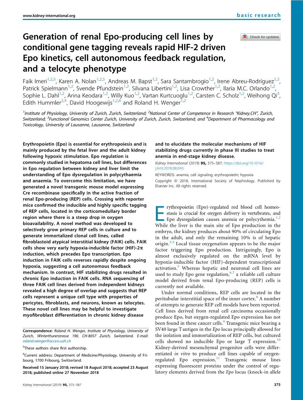 Generation of Renal Epo-Producing Cell Lines by Conditional Gene