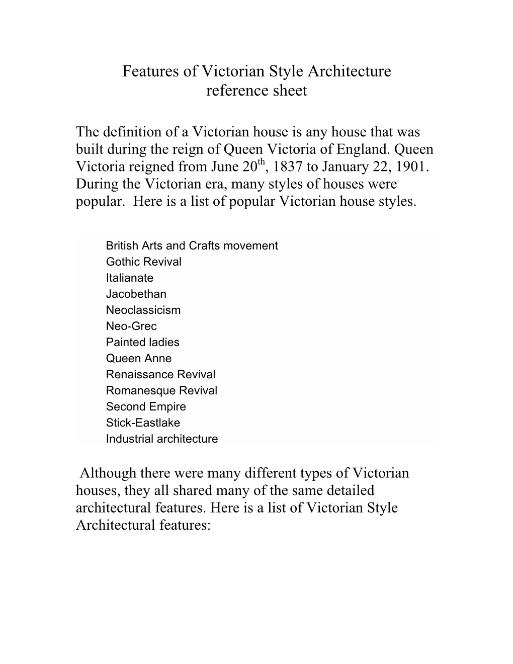 Features of Victorian Style Architecture Reference Sheet