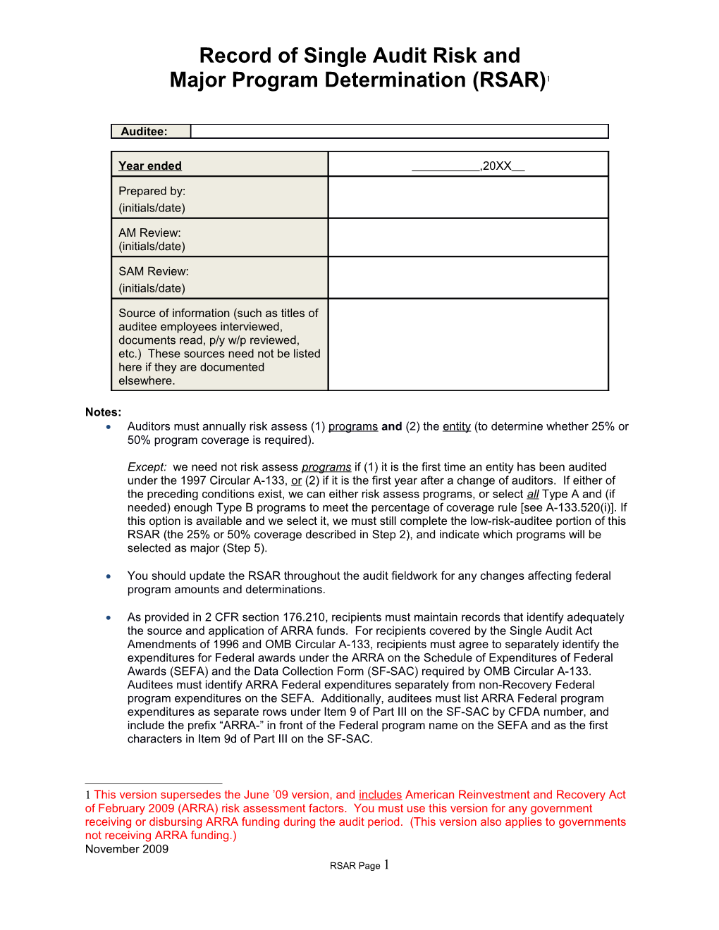 Record of Single Audit Risk And