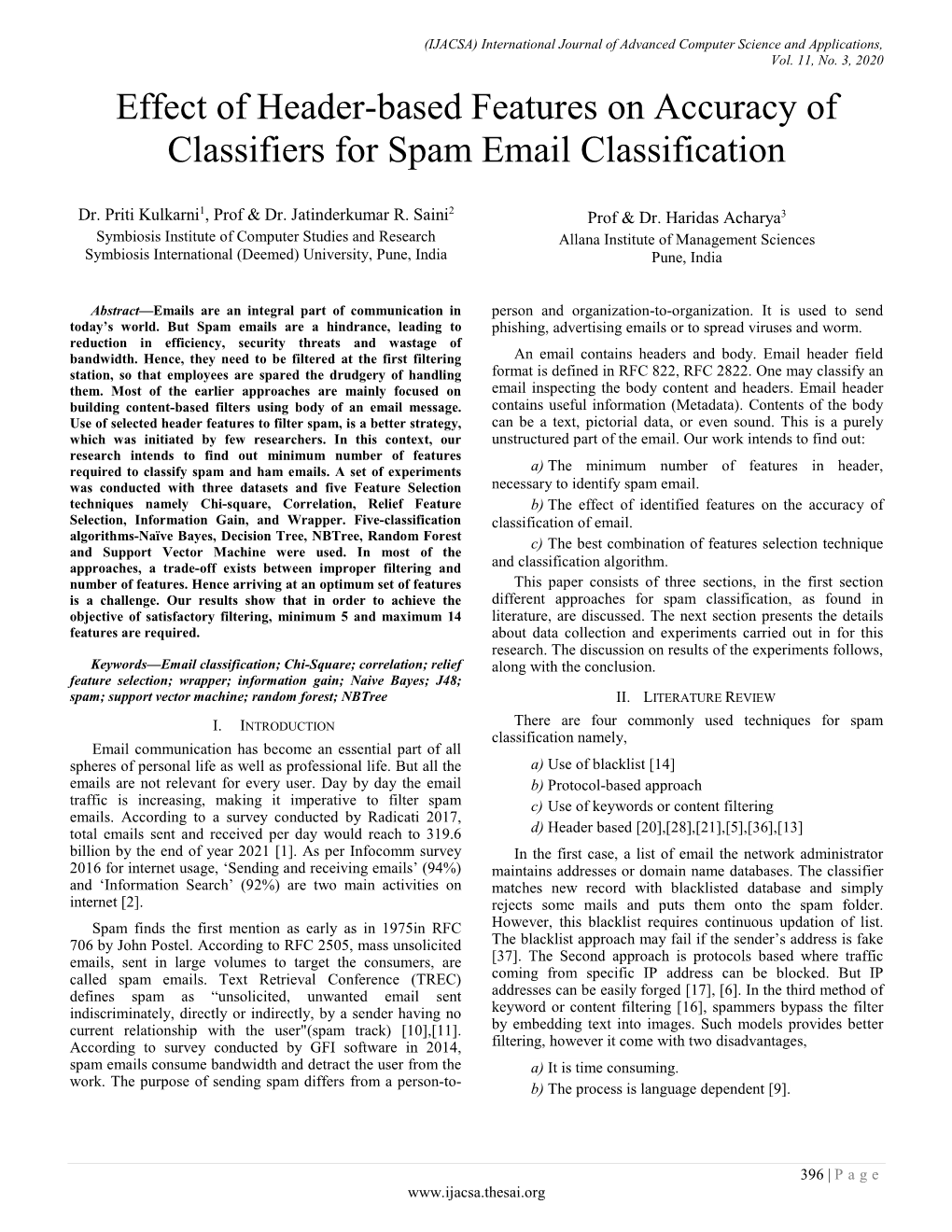 Effect of Header-Based Features on Accuracy of Classifiers for Spam Email Classification