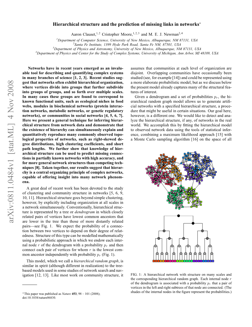 Arxiv:0811.0484V1 [Stat.ML] 4 Nov 2008 Gto 1,1] Iems Oko Omnt Tutr,It Structure, Community on Work Most Like Nav- and 13]