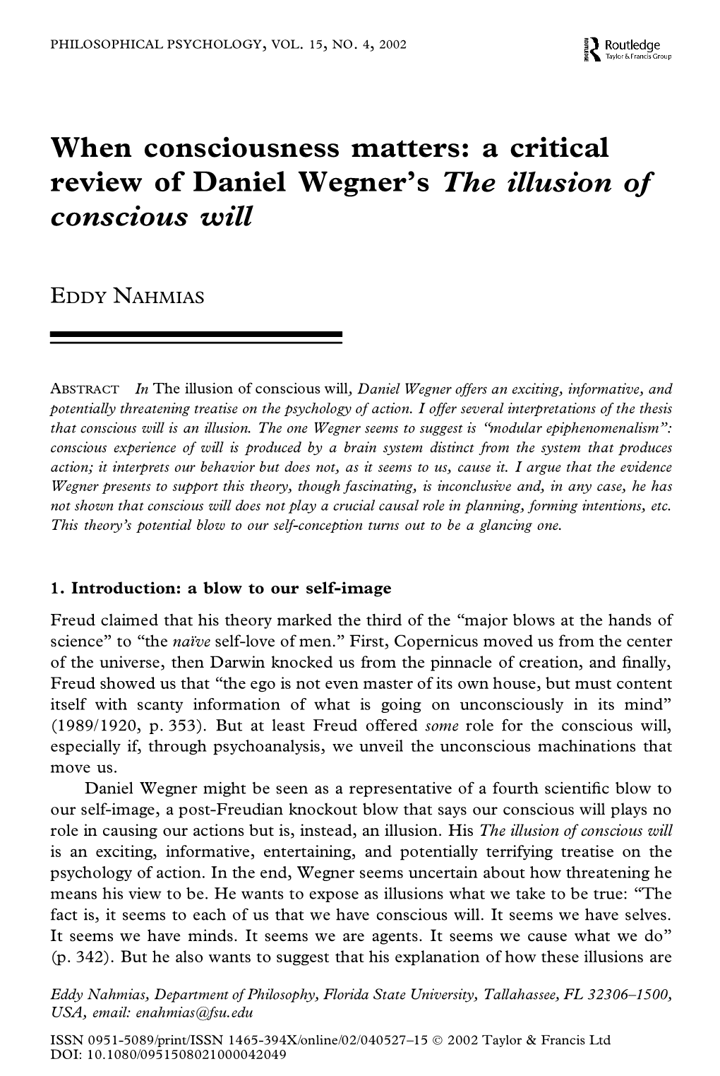 When Consciousness Matters: a Critical Review of Daniel Wegner's