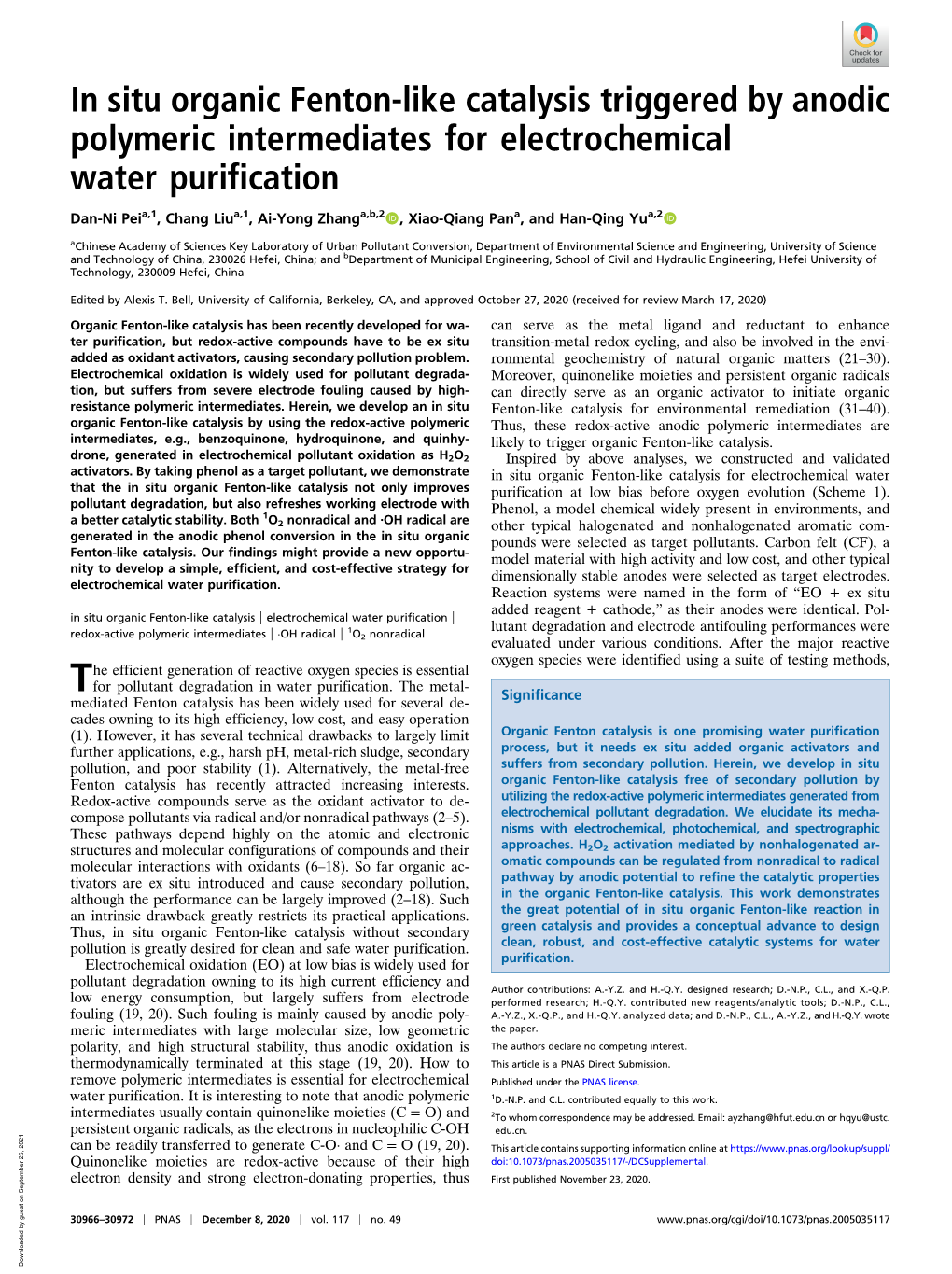 In Situ Organic Fenton-Like Catalysis Triggered by Anodic Polymeric Intermediates for Electrochemical Water Purification