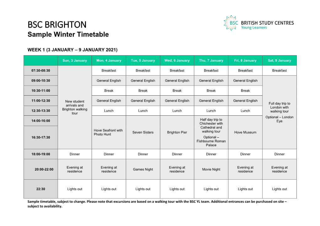 Sample Timetable, Subject to Change