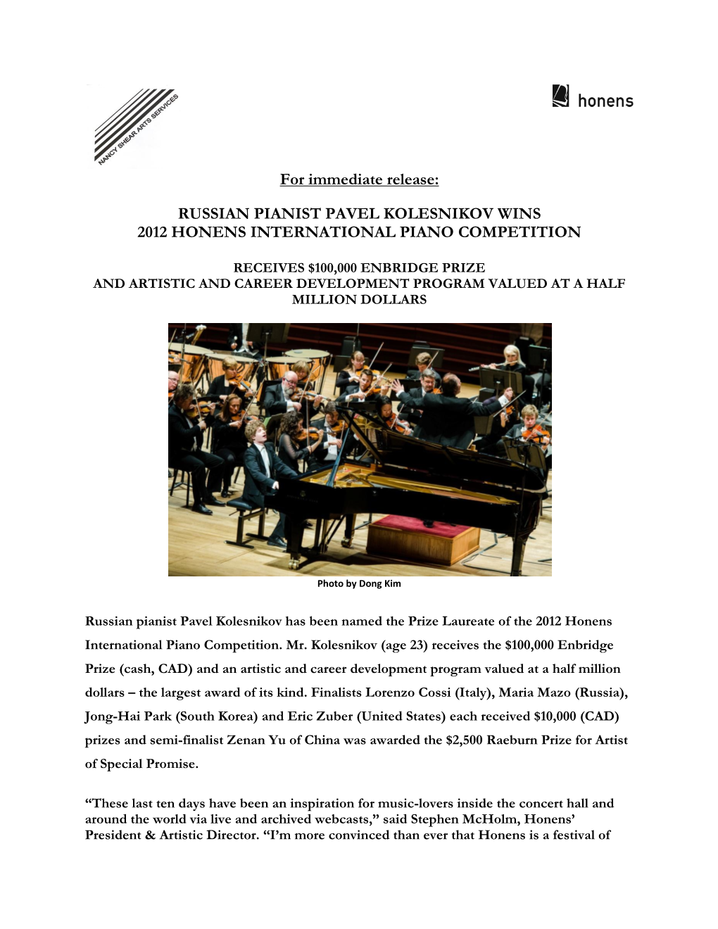 Russian Pianist Pavel Kolesnikov Wins 2012 Honens International Piano Competition