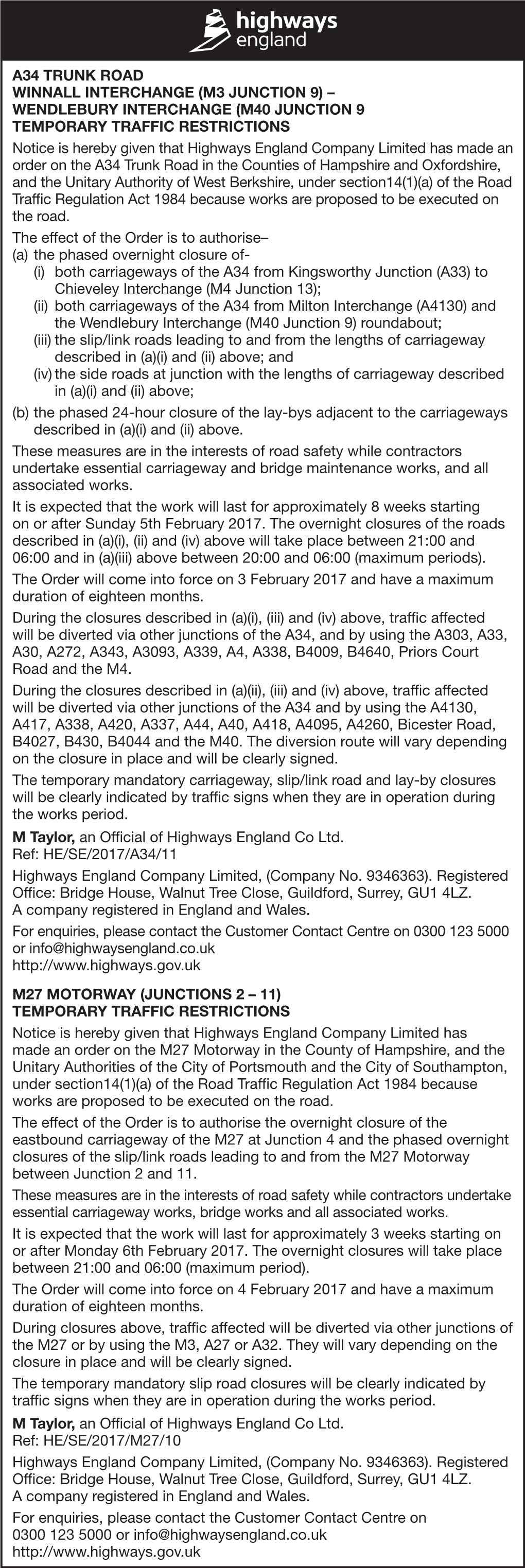 M40 Junction 9 Temporary Traffic Restrictions