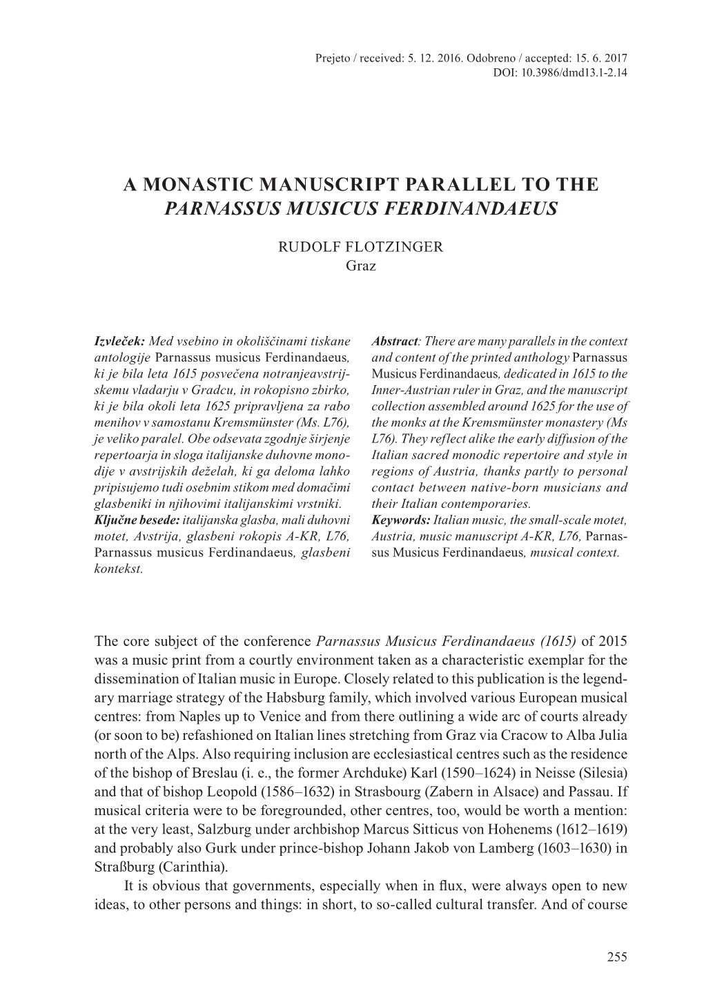 A Monastic Manuscript Parallel to the Parnassus Musicus Ferdinandaeus