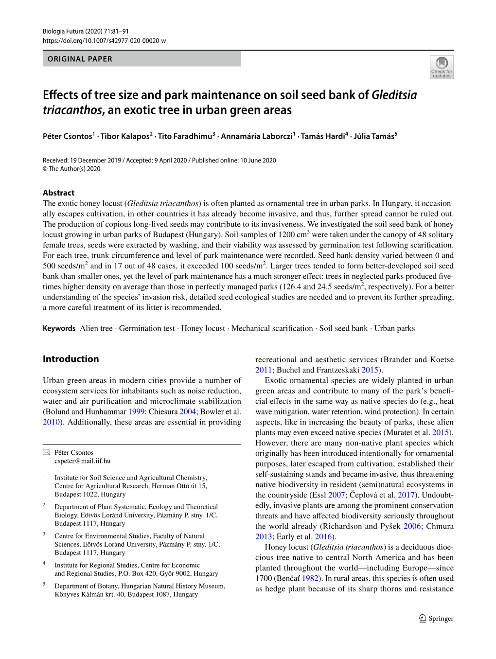Effects of Tree Size and Park Maintenance on Soil Seed Bank Of