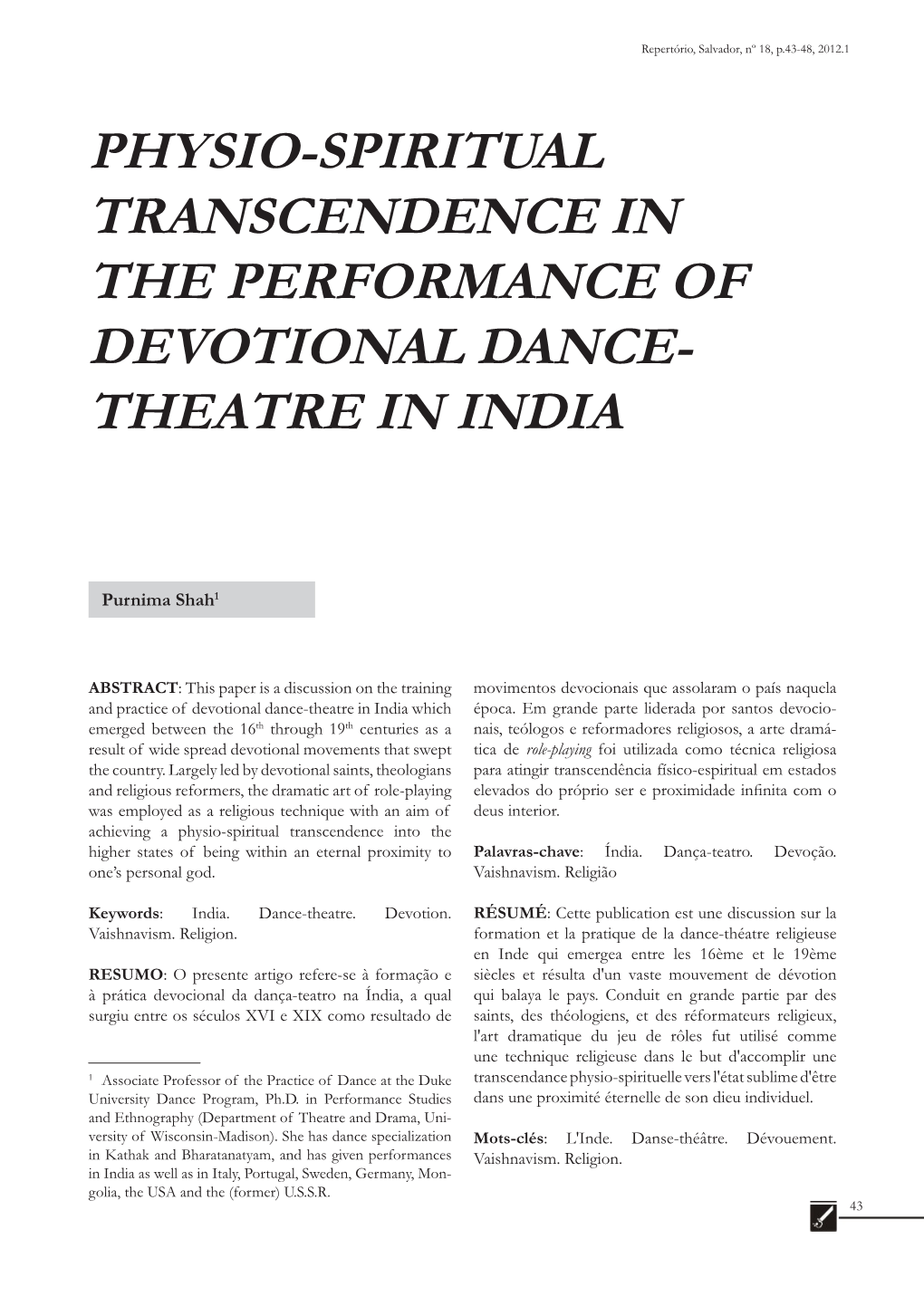 Physio-Spiritual Transcendence in the Performance of Devotional Dance- Theatre in India