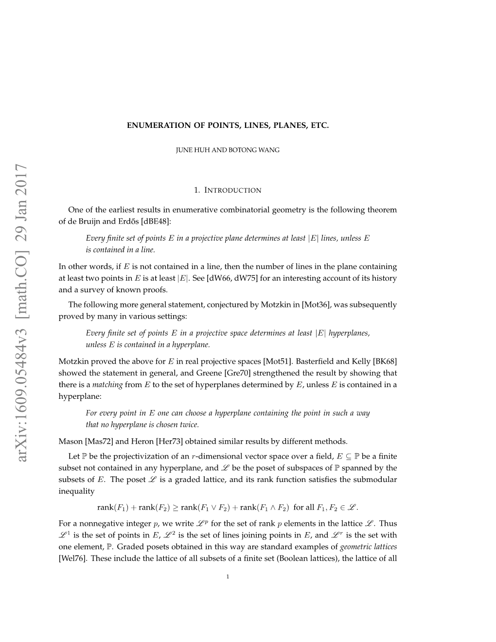 Arxiv:1609.05484V3 [Math.CO] 29 Jan 2017 ⊆ Subset Not Contained in Any Hyperplane, and L Be the Poset of Subspaces of P Spanned by the Subsets of E