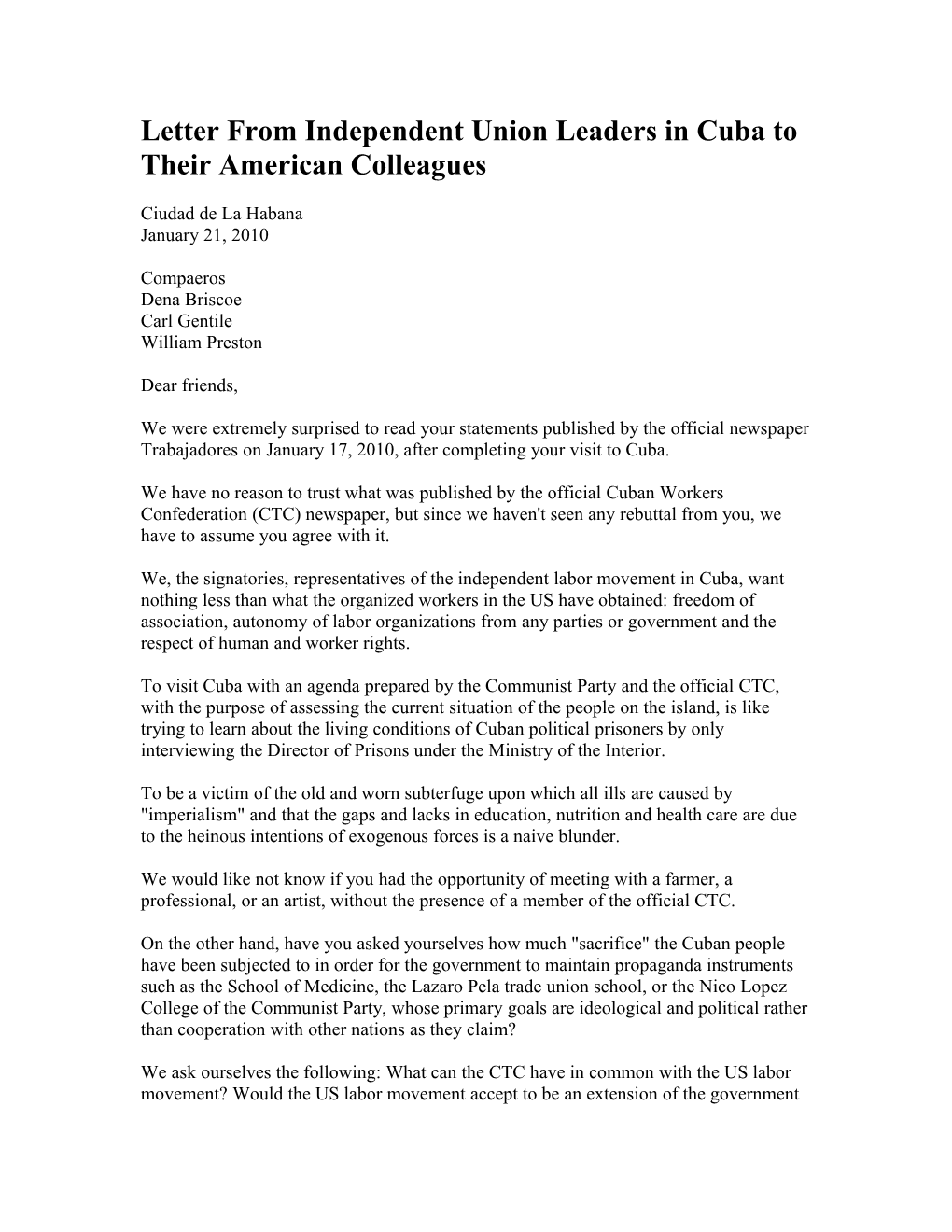 Letter from Independent Union Leaders in Cuba to Their American Colleagues