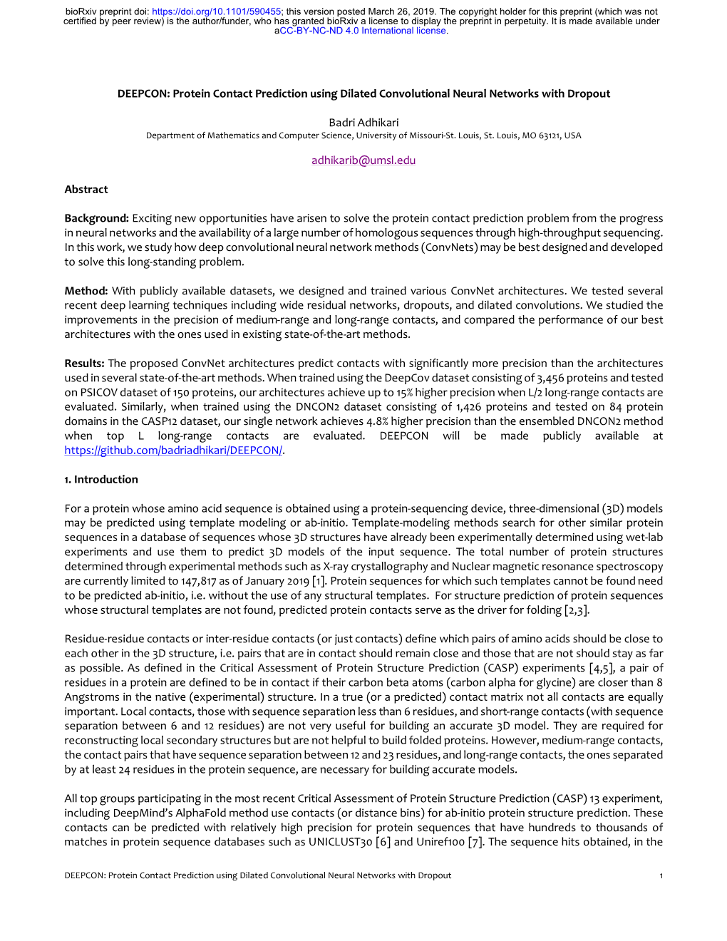 DEEPCON: Protein Contact Prediction Using Dilated Convolutional Neural Networks with Dropout