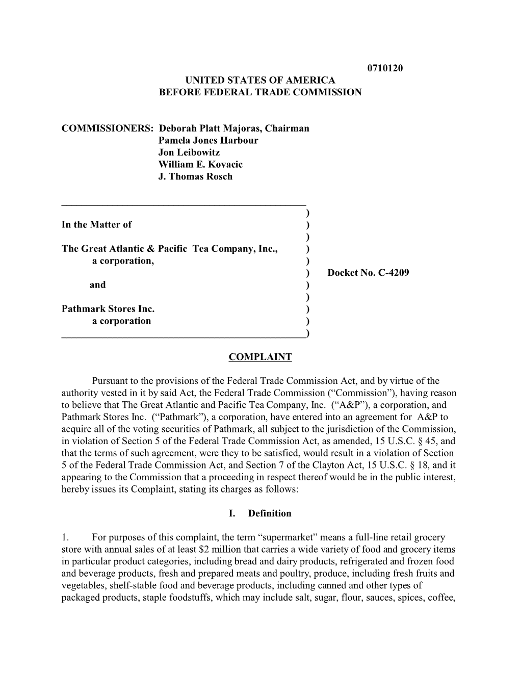 0710120 A&P Pathmark Complaint