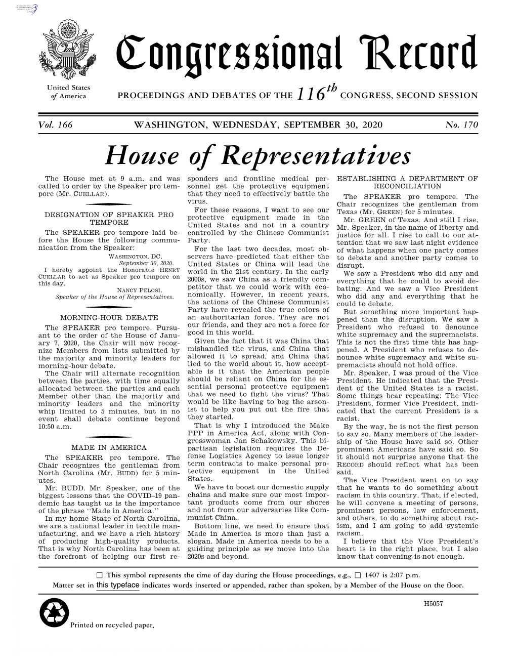 Congressional Record United States Th of America PROCEEDINGS and DEBATES of the 116 CONGRESS, SECOND SESSION