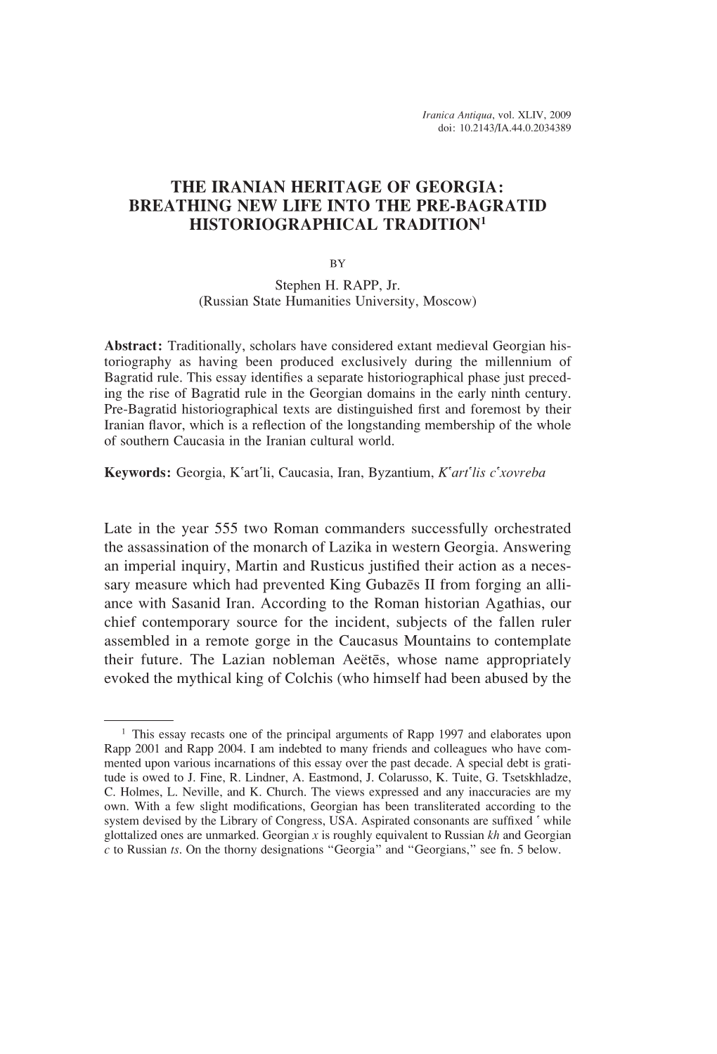 The Iranian Heritage of Georgia: Breathing New Life Into the Pre-Bagratid Historiographical Tradition1