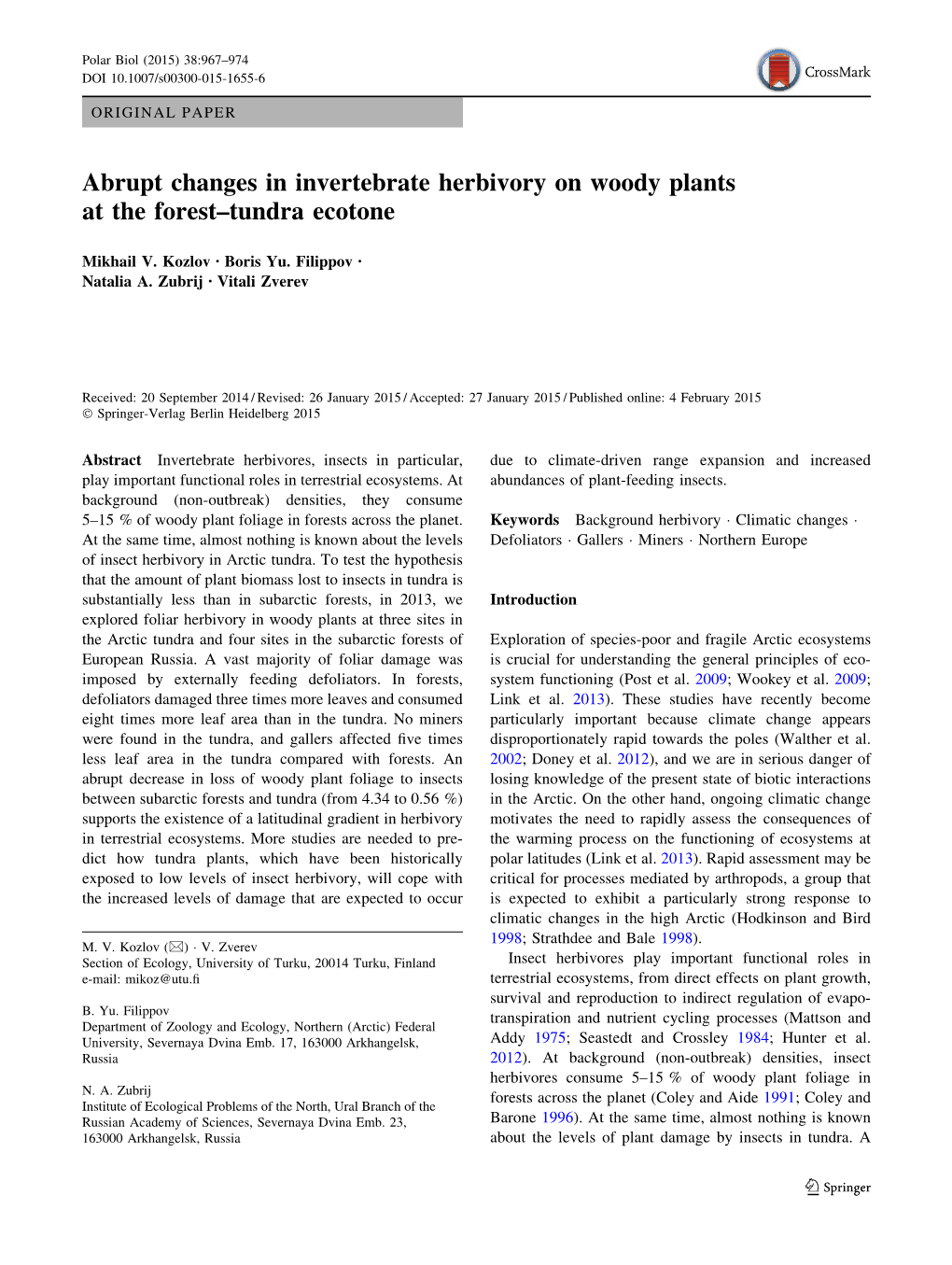 Abrupt Changes in Invertebrate Herbivory on Woody Plants at the Forest–Tundra Ecotone