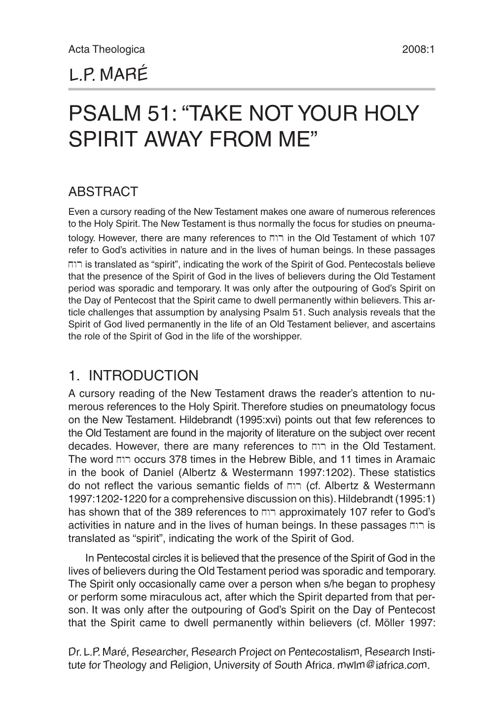 Psalm 51: “Take Not Your Holy Spirit Away from Me”