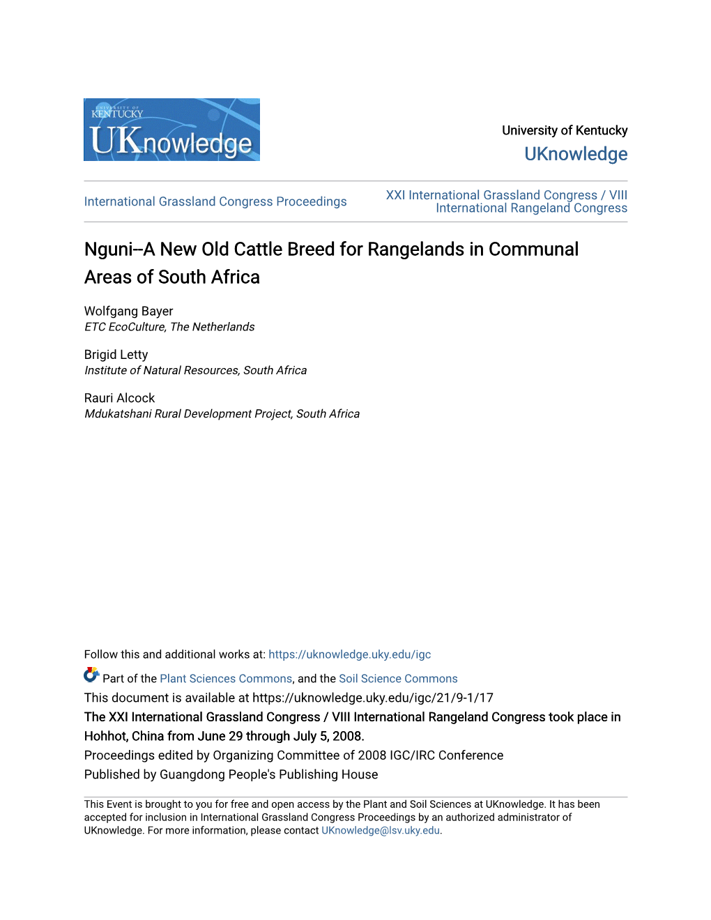 Nguni--A New Old Cattle Breed for Rangelands in Communal Areas of South Africa