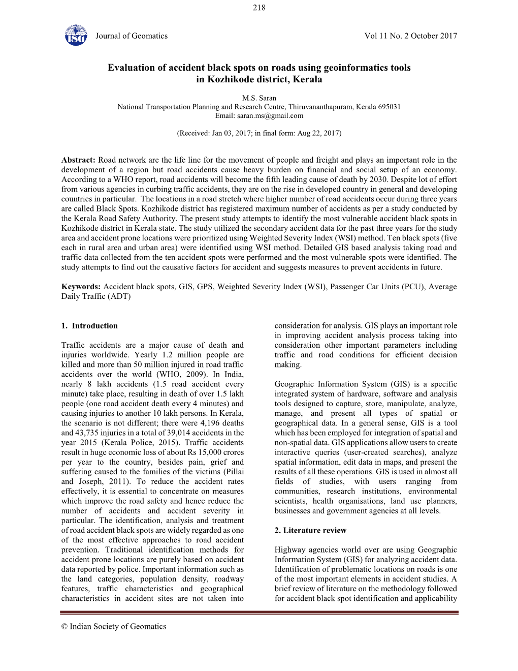 Evaluation of Accident Black Spots on Roads Using Geoinformatics Tools in Kozhikode District, Kerala