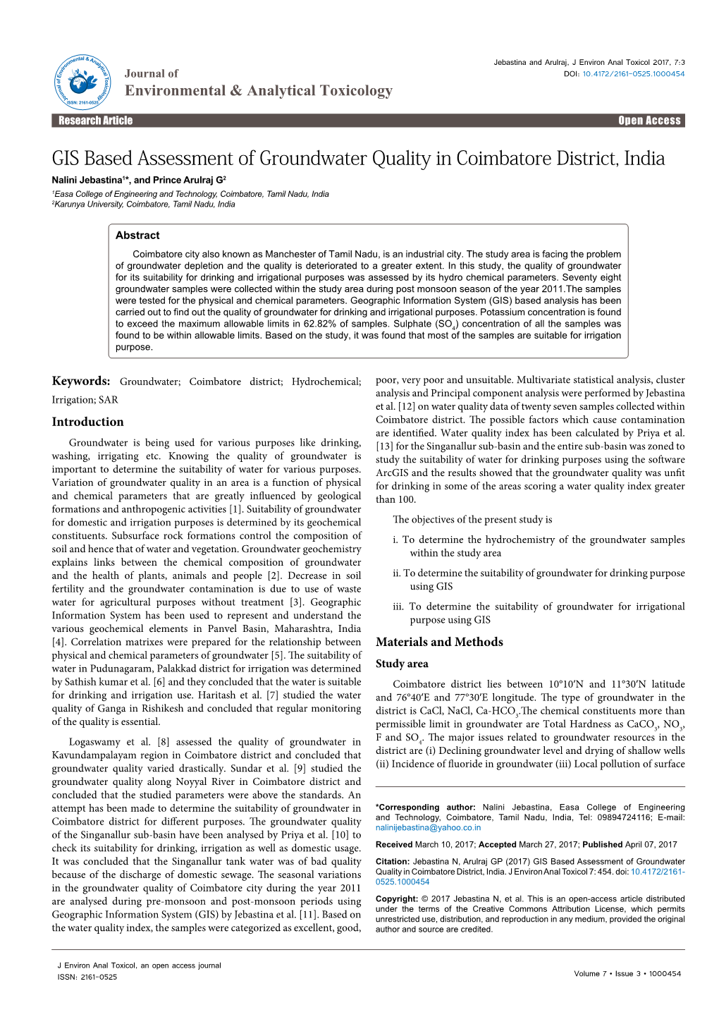 GIS Based Assessment of Groundwater Quality in Coimbatore