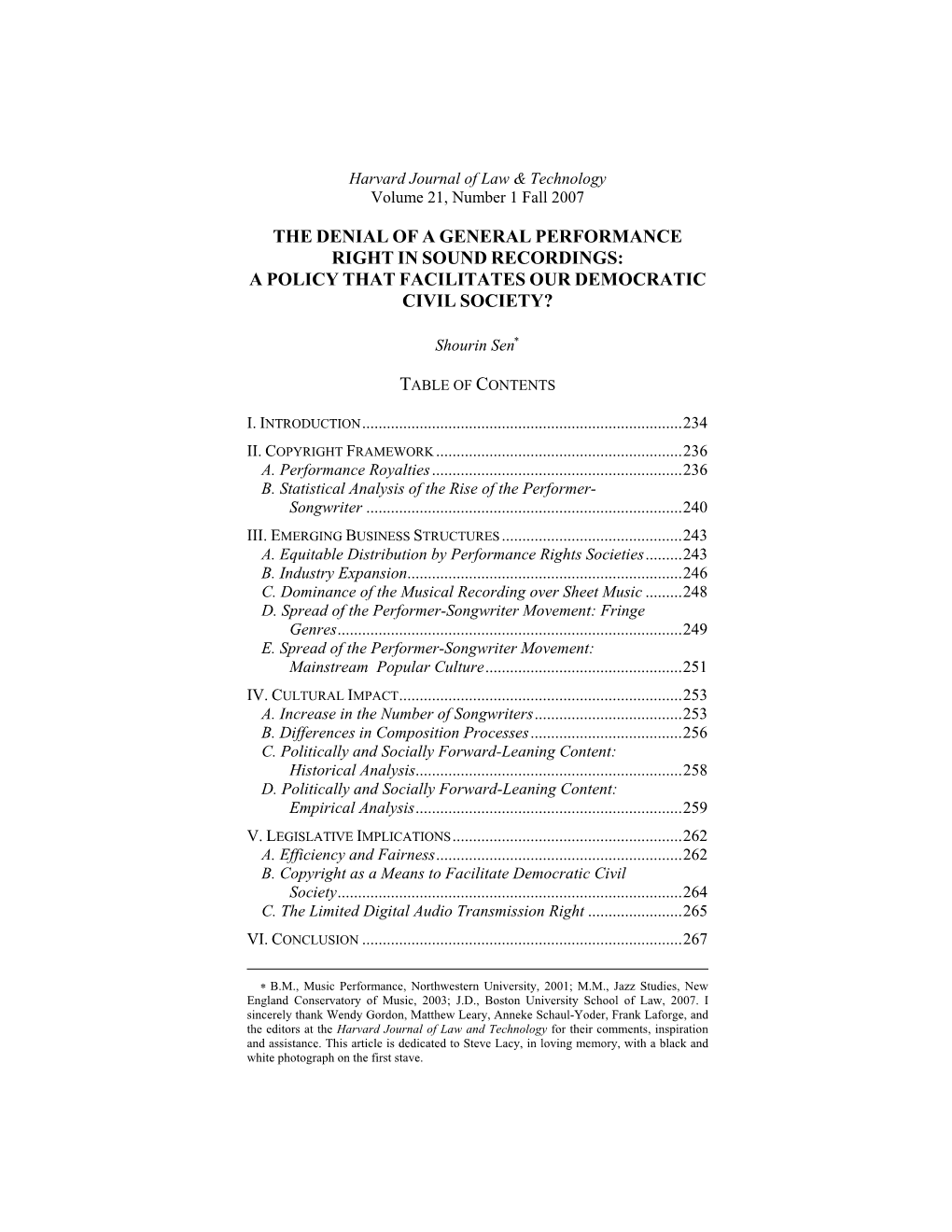 The Denial of a General Performance Right in Sound Recordings: a Policy That Facilitates Our Democratic Civil Society?