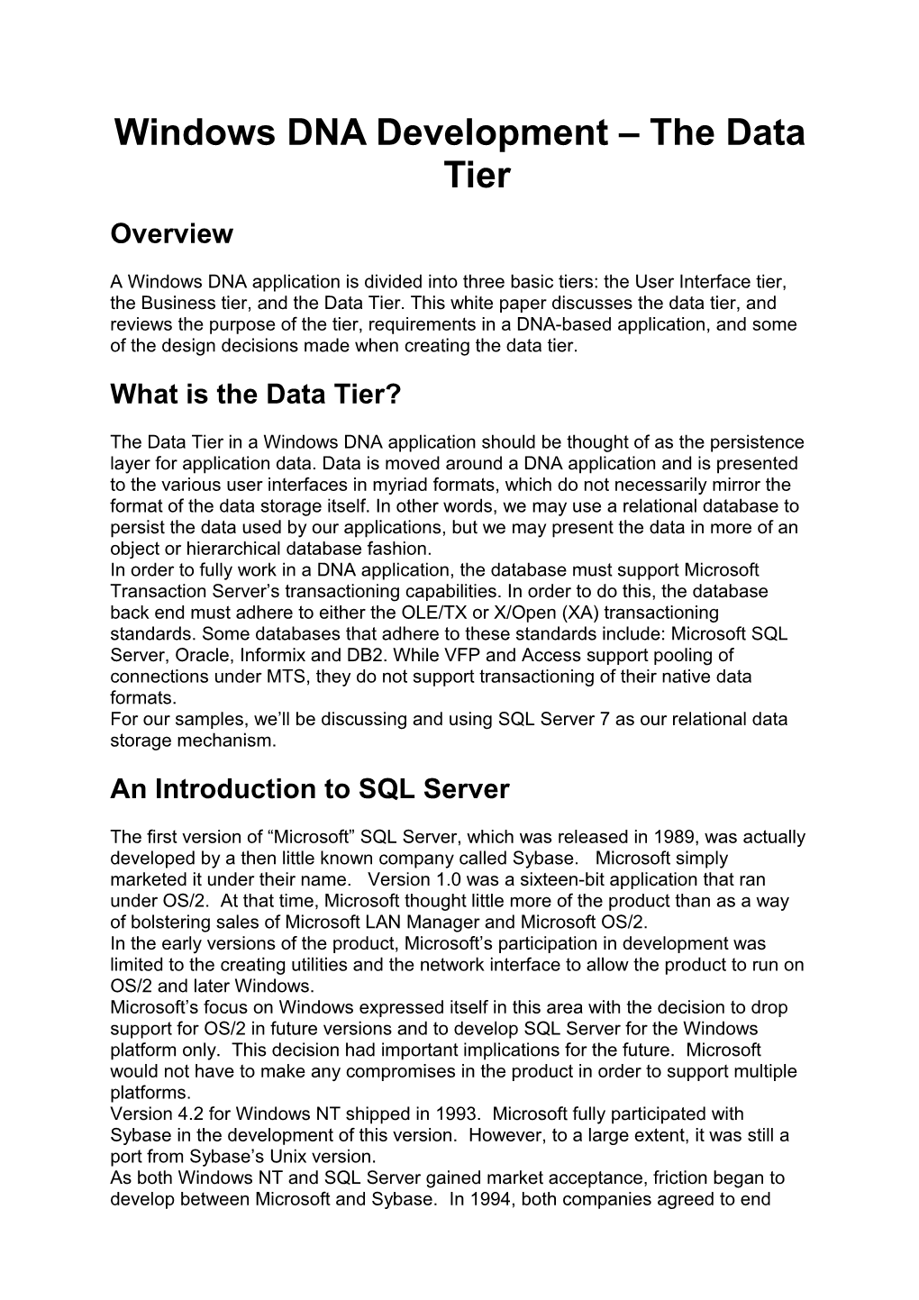 Windows DNA Development the Data Tier