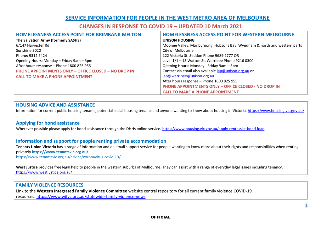 SERVICE INFORMATION for PEOPLE in the WEST METRO AREA of MELBOURNE CHANGES in RESPONSE to COVID 19 – UPDATED 10 March 2021