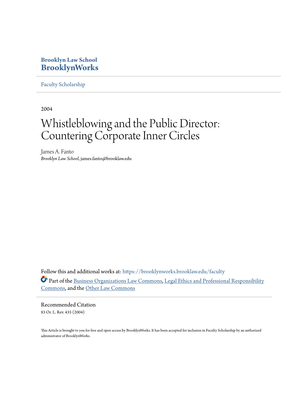 Whistleblowing and the Public Director: Countering Corporate Inner Circles James A