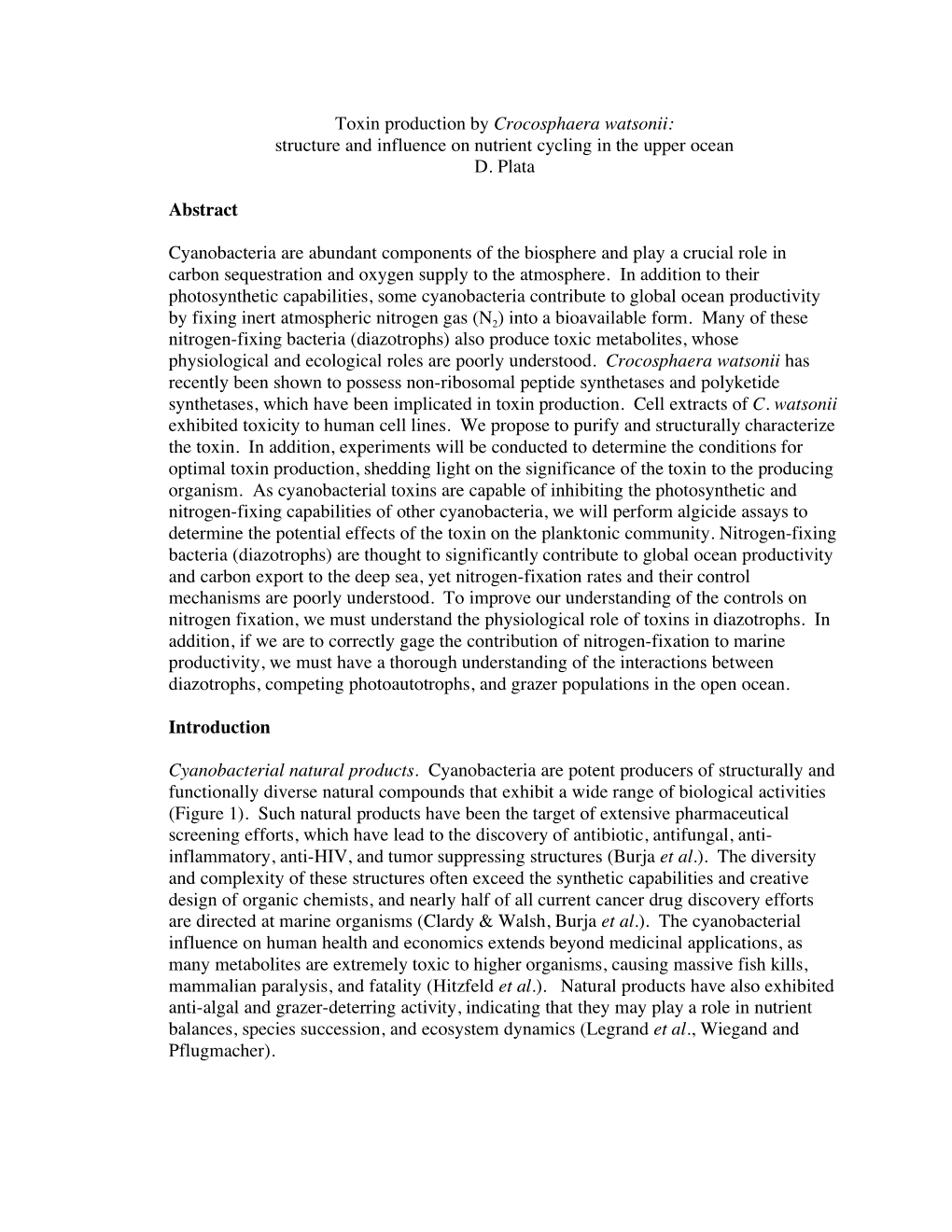 Toxin Production by Crocosphaera Watsonii: Structure and Influence on Nutrient Cycling in the Upper Ocean D