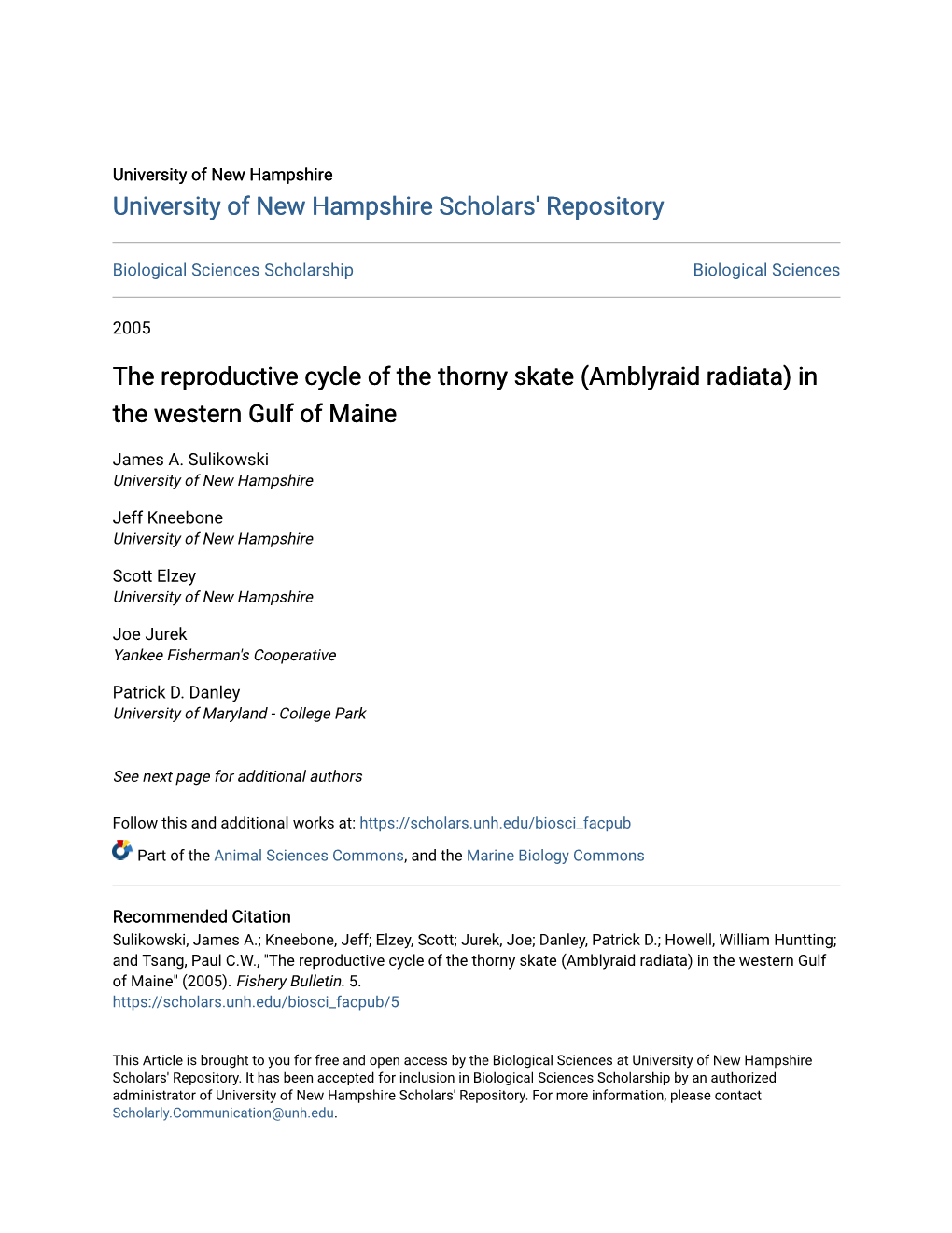 The Reproductive Cycle of the Thorny Skate (Amblyraid Radiata) in the Western Gulf of Maine