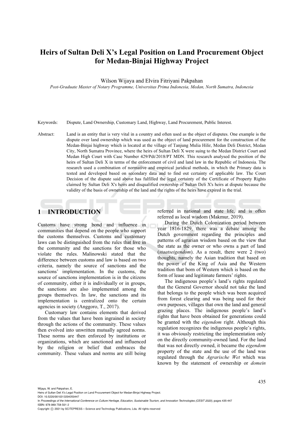 Heirs of Sultan Deli X's Legal Position on Land Procurement Object for Medan-Binjai Highway Project