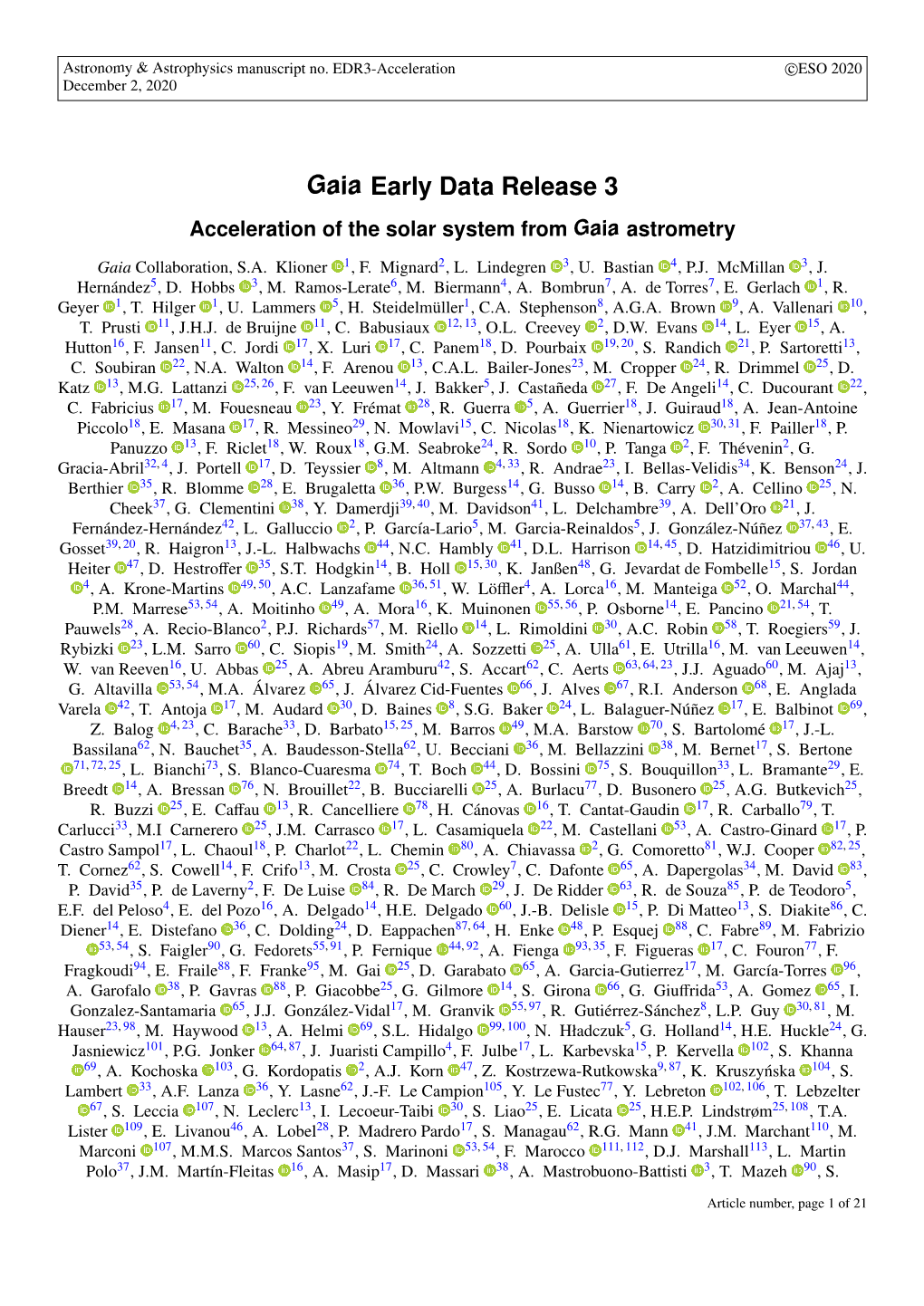 Gaia Early Data Release 3: Acceleration of the Solar System