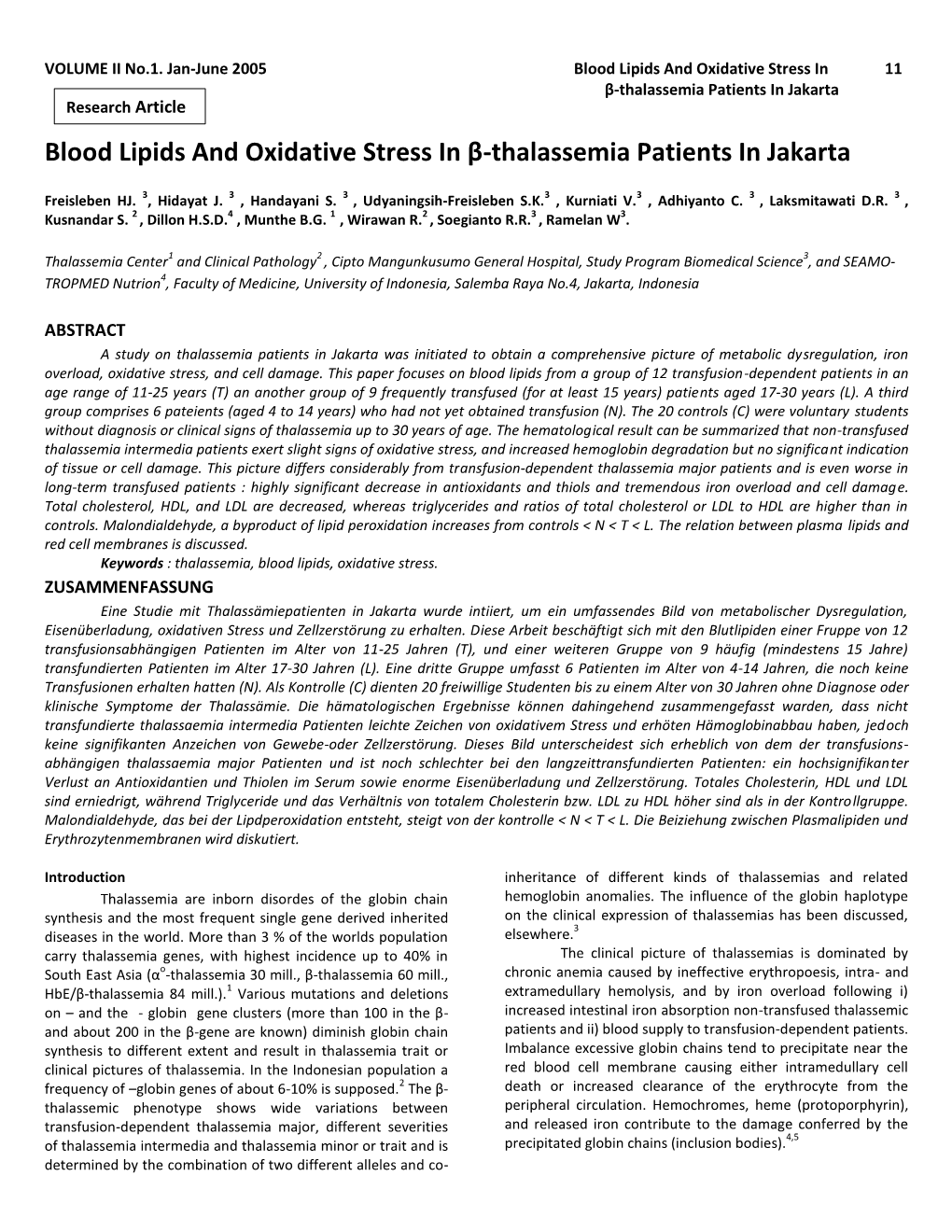 Blood Lipids and Oxidative Stress in Β-Thalassemia Patients in Jakarta