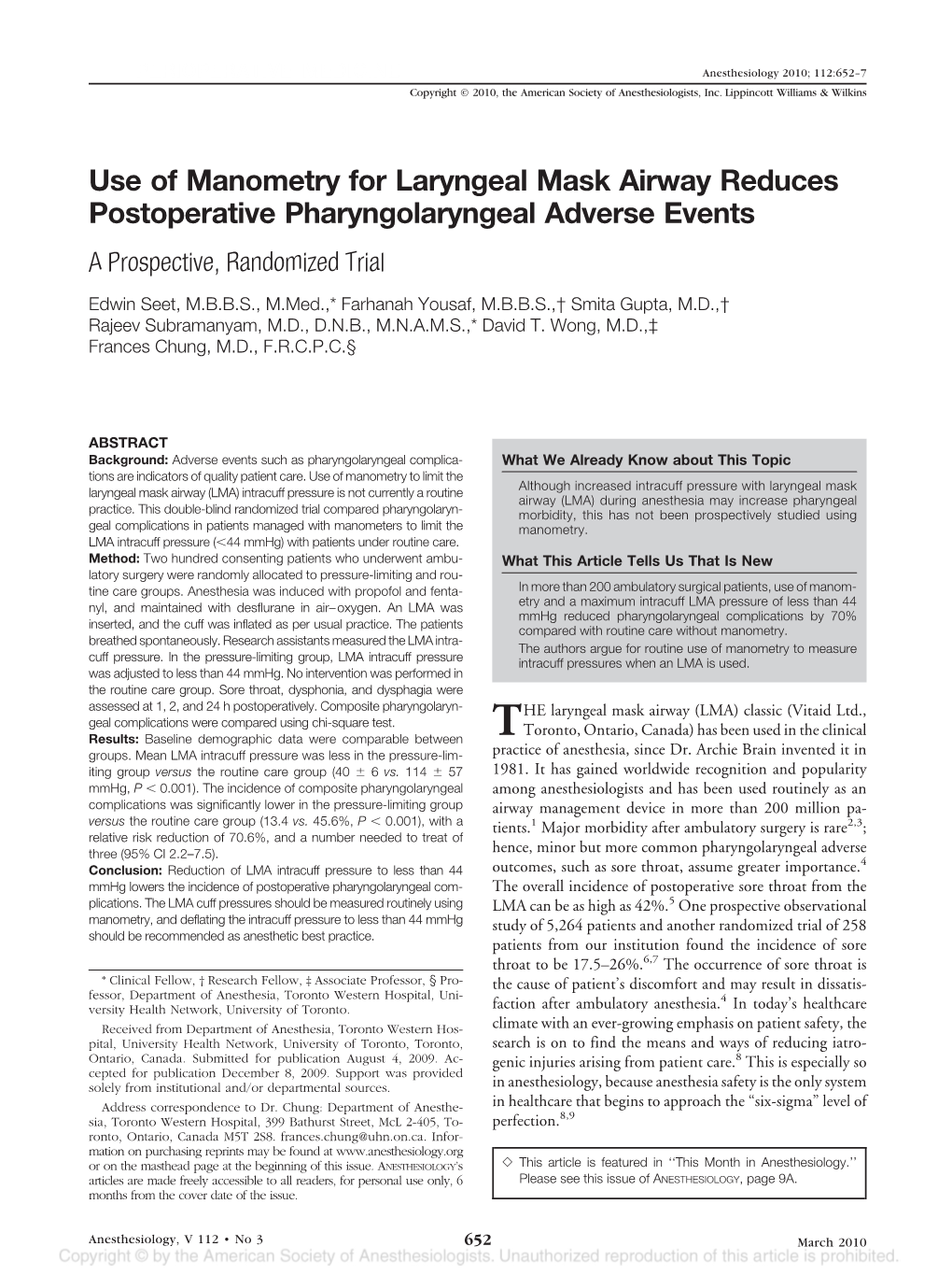 Use of Manometry for Laryngeal Mask Airway Reduces Postoperative Pharyngolaryngeal Adverse Events a Prospective, Randomized Trial