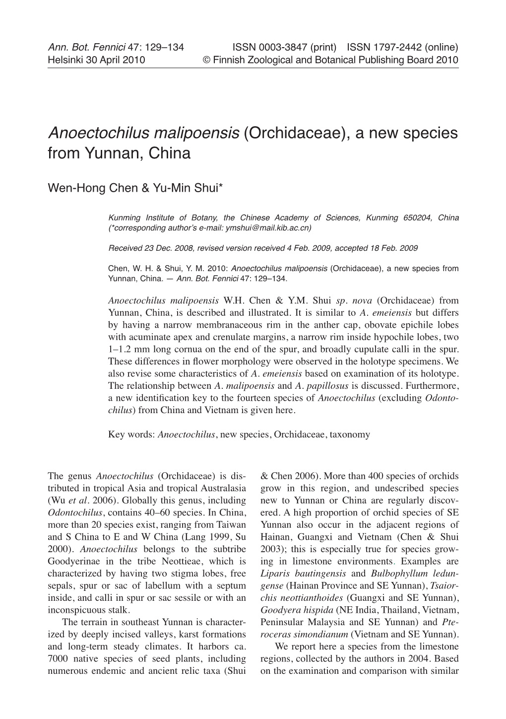 Anoectochilus Malipoensis (Orchidaceae), a New Species from Yunnan, China