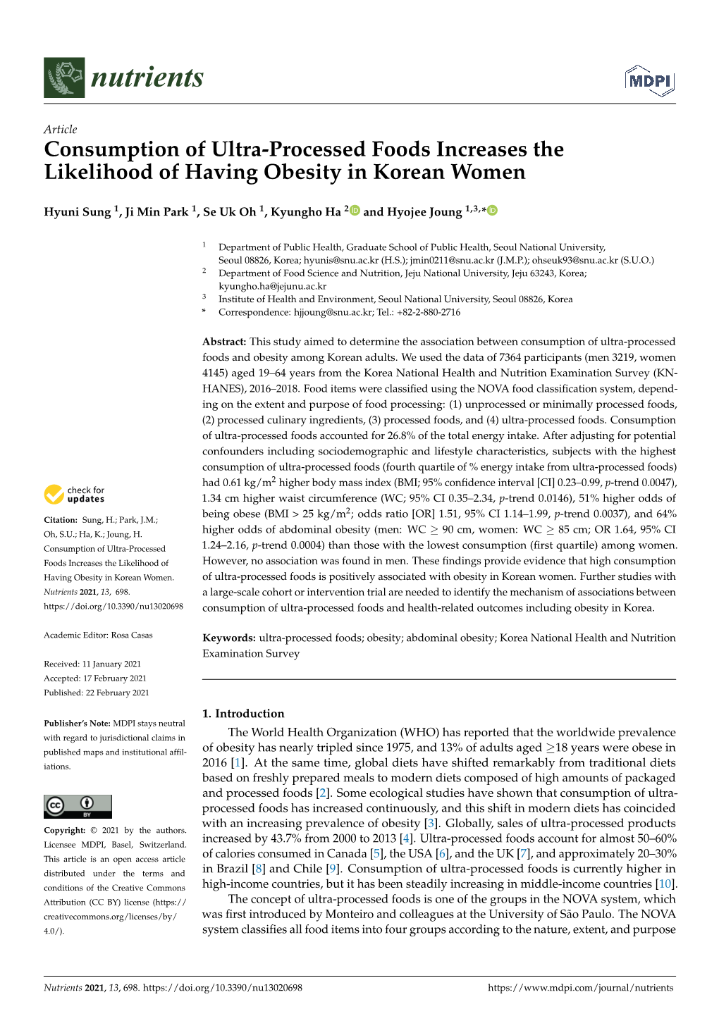 Consumption of Ultra-Processed Foods Increases the Likelihood of Having Obesity in Korean Women
