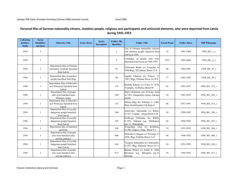 Personal Files of German Nationality Citizens, Stateless People, Religious Sect Participants and Antisocial Elements, Who Were Deported from Latvia During 1941-1953