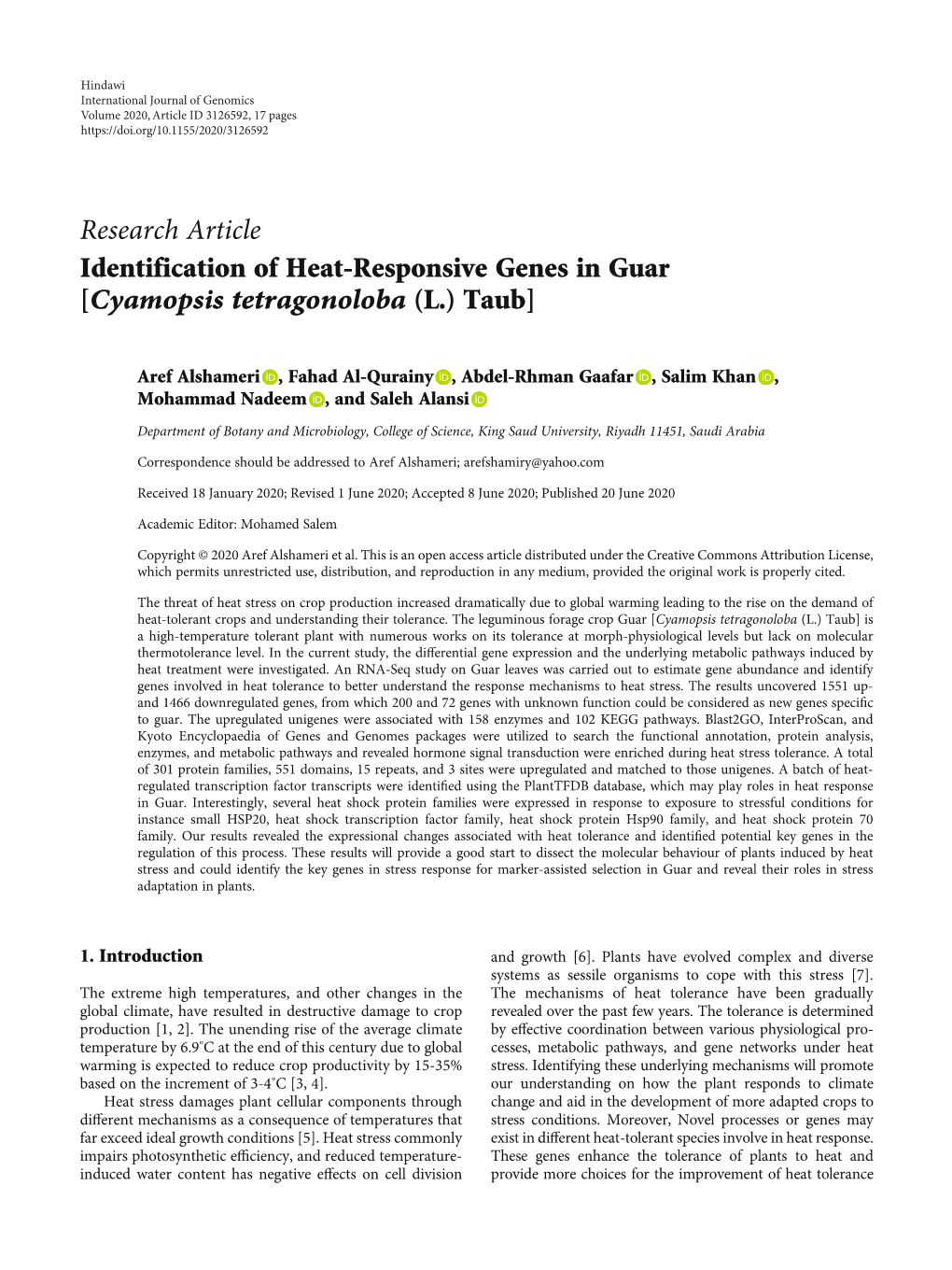 Research Article Identification of Heat-Responsive Genes in Guar [Cyamopsis Tetragonoloba (L.) Taub]